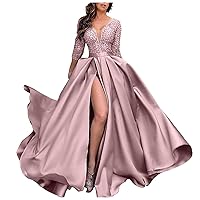 Women's Sexy Deep V Neck Party Evening Dress 3/4 Sleeve Zipper Wrap Waist High Slit Swing Trailing Dress