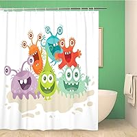 Bathroom Shower Curtain Cartoon Monsters Funny Smiling Germs Character Big Eyes 72x72 inches Waterproof Bath Curtain Set with Hooks