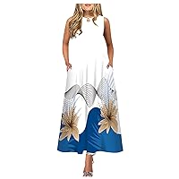 Women's Sundresses Casual Printing Big Hem Dresswave Round Neck Sleeveless Long Dress Casual Summer Dresses