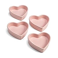 Heart Shaped Ramekin Set, Mini Ceramic Ramekins, Oven Safe Baking Dishes, Dishwasher Safe, Stoneware Made without PFOA, 4-Piece Set, Pink