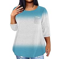 Womens T Shirts Plus Size Plus Size Tops for Women 2024 Color Block Fashion Casual Loose Fit Y2k with 3/4 Sleeve Round Neck Shirts Sky Blue 4X-Large