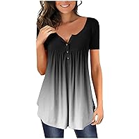Dressy Tops for Women Henley V Neck Short Sleeve Plus Size Boxy Fit Button Front Short Sleeve Blouses for Women