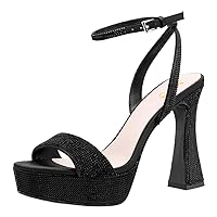 XYD Women Platform Crystal Block Heels Sandals Open Square Toe Ankle Strap Rhinestone Studs Evening Event Party Shoes