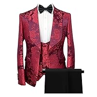Mens 3 Pieces Wedding Suits Set Luxury Purple Gold Floral Print Formal Groom Jacket Dinner Blazer Pants Sets Bourgogne 46