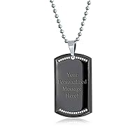 Bling Jewelry Personalized Engrave Hip Hop CZ Accent Military Army Black Dog Tag Pendant Necklace For Men Stainless Steel With Chain