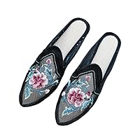 See-Through Pointed Toe Women Gauze Flat Mules Slippers Summer Breathable Chinese Embroidered Shoes