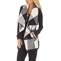 Womens Casual Open Front Sleeveless Plaid Vest Lapel Cardigan Jackets with Pockets Black L