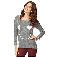 AEROPOSTALE Womens Loose Heart Smile Knit Sweater, Grey, Medium