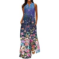 Ladies Summer Dresses Beach Casual Sleeveless Floral Print Tank Loose Sundress with Pocket Beachy Dresses, S-5XL