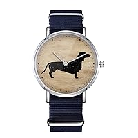 Dachshund Dog Silhouette Design Nylon Watch for Men and Women, Wood Background Theme Unisex Wristwatch, Pets Lover Gift Idea