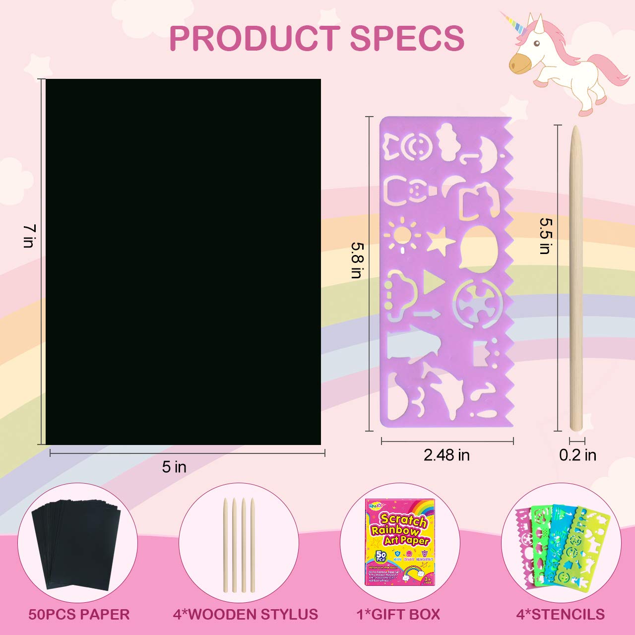 RMJOY Rainbow Scratch Paper Sets: 59pcs Magic Art Craft Scratch Off Papers Supplies Kits Pad for Age 3-12 Kids Girl Boy Teen Toy Game Gift for Birthday|Christmas|Halloween|DIY Activities|Painting