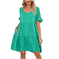 Womens Summer Chiffon Dresses Casual Ruffle Short Sleeve Swing Dress Solid V Neck Empire Waist Hide Tummy Flowy Dress