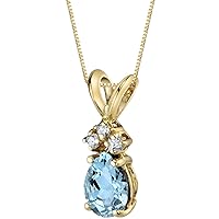 PEORA Solid 14K Yellow Gold Aquamarine with Diamonds Pendant for Women, Genuine Gemstone Birthstone Dainty Teardrop Solitaire, Pear Shape, 7x5mm