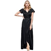 MllesReve Women Wrap Bridesmaid Dresses Satin V Neck Wedding Guest Dress Short Sleeve Slit Formal Maxi Dresses