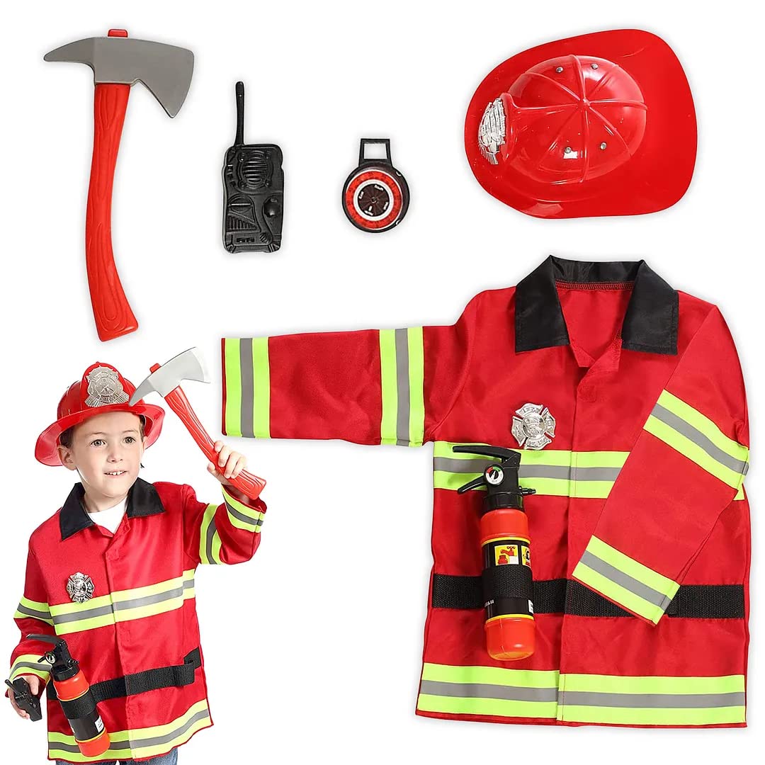 Firefighter Costume for Kids, Toddler Dress Up Costumes, Pretend Play Fireman Costume for Kids with Firefighter Gear, For Boys and Girls Ages 3-7