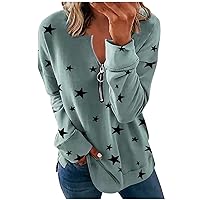 RMXEi Fashion Womens Loose Round Neck Star Print Long Sleeve Zipper Pullover Sweater