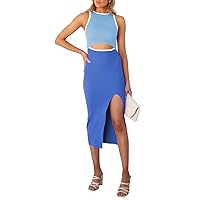 Pink Queen Women's Cutout Crew Neck Sleeveless Tank Slit Ribbed Bodycon Midi Dresses