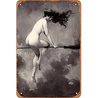 Witchy Pagan Creepy Spooky Gothic - Witch on Broomstick - Horror Poster Retro Tin Sign Vintage Look Metal Sign for Bar Man Cave Garage Home Wall Decor Gift 12 X 8 inch
