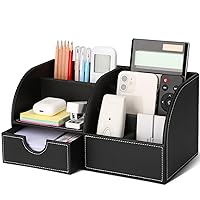 Pu Leather Desk Organizer Pen Pencil Holder Office Supplies Caddy Storage Box 6 Compartments with Drawer Black (Full Pu Leather)