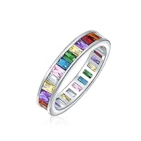 AAA Cubic Zirconia Jewel Multi Color Simulated Gemstone Channel Set Rectangle Emerald Cut Baguette CZ Eternity Ring Anniversary Wedding Band For Women .925 Sterling Silver 4MM Stackable Rings