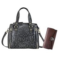 Purse and Handbags for Women Leather Shoulder Hand Bags(black) and Genuine Leather Wallet for Women Bundle(coffee)