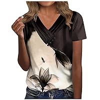 Shirt for Women Dressy Button Down Tunic Y2K Tops Short Sleeve Floral Print Blouses Henley V Neck Summer Tops