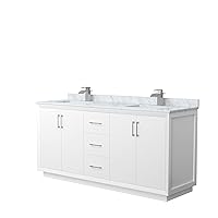 Wyndham Collection Strada 72 Inch Double Bathroom Vanity in White, White Carrara Marble Countertop, Undermount Square Sink, Brushed Nickel Trim