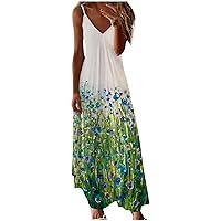 Women's Bohemian Print V-Neck Glamorous Dress Flowy Casual Loose-Fitting Summer Swing Sleeveless Long Floor Maxi Beach Green