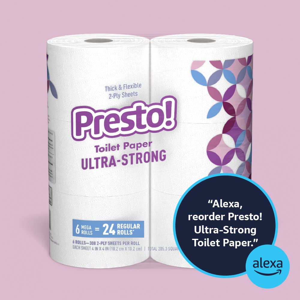 Amazon Brand - Presto! 308-Sheet Mega Roll 2-Ply Toilet Paper, Ultra-Strong, 24 Rolls (4 Packs of 6), Equivalent to 96 Regular Rolls, White