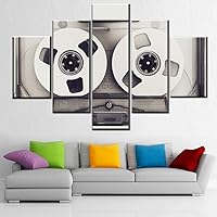Living Room Wall Decor Black and White Pictures Audio Magnetic Tapes Paintings Vintage Artwork 5 Panel Black Canvas Wall Art Modern House Decor Framed Ready to Hang Posters and Prints(60''Wx40''H)