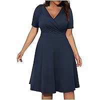 Juniors Short Sleeve Dresses Loose Fit Oversized Dresses for Women V Neck Basic Midi Fall Summer Dresses 2024