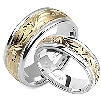 two-tone sterling silver & 10K yellow gold 6 millimeters & 8 millimeters wide wedding band set him and her