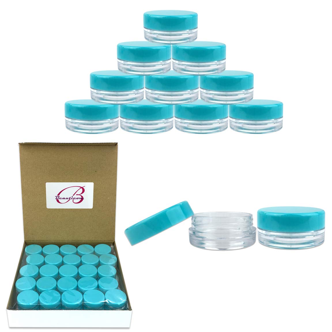 Beauticom 3g/3ml (0.1 Fl Oz) Round Clear Plastic Jars with Round Top Lids for Creams, Lotions, Make Up, Powders, Glitters, and more... (Color: Teal Lid Quantity: 50 Pieces)