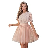 Prom Dress Contrast Lace Flounce Sleeve Mesh Overlay Dress, Short Fit and Flare Dress