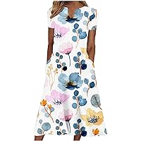 Summer Casual T-Shirt Dresses for Women Sunflower Print Maxi Dress Loose Fit Short Sleeve Beach Dresses with Pockets