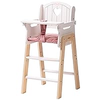 ROBOTIME Wooden Baby Doll High Chair, Pink Wooden Baby Doll Chair for 18 Inch Dolls, Pretend Play High Chair Baby Doll Accessories