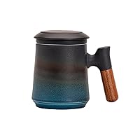 ZENS Tea Cup with Infuser and Lid, 14.5 Ounce Gradient Blue Ceramic Loose Leaf Mug, Wood Handle Tea Steeping Mug for Gifts, Black&Blue
