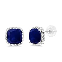 Gem Stone King 10K White Gold Blue Sapphire Stud Earrings For Women (4.00 Cttw, Gemstone September Birthstone, Cushion 7MM)