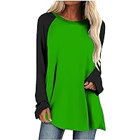 Fashion Color Block Tops for Women Raglan Long Sleeve Shirts Plus Size Hide Belly Tops to Wear with Leggings Crewneck Blouse