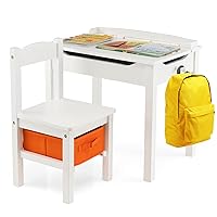 HONEY JOY Kids Table and Chair Set, Wooden Lift-Top Desk & Chair with Storage, Safe Hinged Lid, Activity Table Set for Craft Art, 2-Piece Children Furniture Set for Daycare, Kindergarten(White)