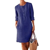 Women's Casual Linen Midi Dress with Pockets 3/4 Sleeve Half Button Down O-Neck Solid Color Loose Summer Outfit