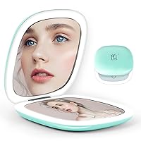 Compact Mirror, 2-Sided Rechargeable Travel Makeup Mirror, 1X/10X Magnification Lighted Pocket Mirror, 3 Colors & Brightness Dimmable, Portable Folding Mirror for Travel, Home, Office (Green)