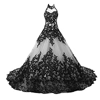 Halter Black Lace Tulle Ball Quinceanera Prom Dress Bridal Reception Wedding Dresses