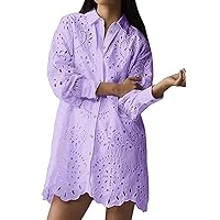 chouyatou Women's Summer Crochet Eyelet Button Down Casual Loose Shirt Dress Mini Dress