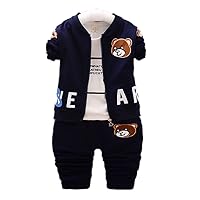 Baby Boys 3 Piece Clothing Set Bear Printed Round Neck Long Sleeve Coat + T-shirt+Pants