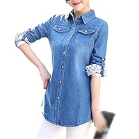 Women's Tops Fall Denim Shirts Fashion Style Patchwork Drawstring Cotton Shirts Plus Size Jeans Long Shirts