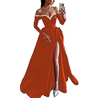 SatinProm Dress Beaded for Women Slit Formal Dress Wedding Guest Party Bridesmaid Dresses Evening Gown