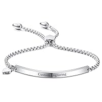 VIBOOS Personalized Bracelet Engraving Name Date for Women Girls Custom Stainless Steel Bangle with Adjustable Link Chain Heart Tag Bridesmaid Best Friend Jewelry Gifts