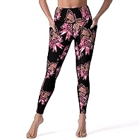 Butterfly Ribbon Breast Cancer Awareness Women's Yoga Pants Leggings with Pockets High Waist Compression Workout Pants