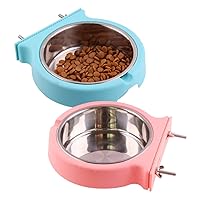 kathson Crate Dog Bowl, Removable Stainless Steel Hanging Pet Cage Bowl Food & Water Feeder Coop Cup for Cat, Puppy, Birds, Rats, Guinea Pigs (2pcs(Pink,Blue))